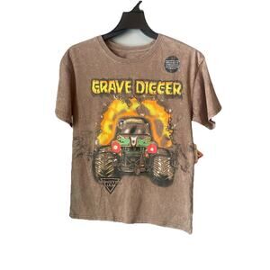 Monster Jam Grave‎ Digger Boys Short Sleeve Brown Shirt 2 Sided Size XL (14/16)